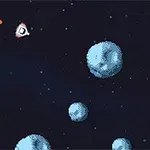 Rumskib skyder mod asteroider blandt stjerner i et pixeleret rummetema
