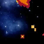 Et pixelkunst rumskib i kamp med fjendtlige elementer mod en stjernespækket baggrund