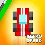 Rød racerbil med hvide striber på en gul baggrund med teksten Retro Speed