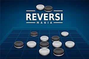 Sort-hvide brikker på et blåt gitterspilbræt med teksten REVERSI MANIA på en blå baggrund