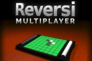 3D-rendering af et grønt spillebræt med hvide og sorte brikker, og teksten Reversi Multiplayer øverst