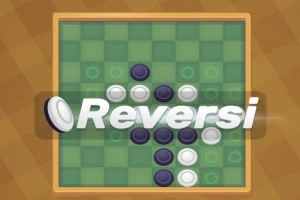 Et spillebræt med sorte og hvide brikker arrangeret på en grønternet overflade med ordet Reversi henover