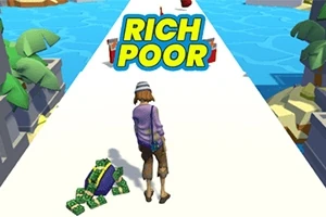 En person iført afslappet tøj står på en vej omgivet af palmer med teksten Rich Poor over hovedet