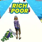 En person iført afslappet tøj står på en vej omgivet af palmer med teksten Rich Poor over hovedet