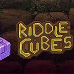 En lilla tredimensionel kube ved siden af teksten Riddle Cubes med en stenbaggrund