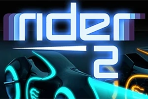 Tekstlogoen rider 2 i blå neonfarver med futuristiske motorcykler i blå og orange baggrund