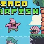 Pixelkunstbillede med en grøn figur, en pink søstjerne med en dykkermaske, en konkylie og en hval under en blå himmel, med teksten Ringo Starfish øverst