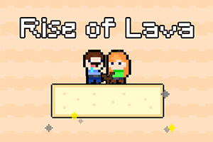 To pixelpersoner står sammen på en platform med teksten Rise of Lava ovenfor
