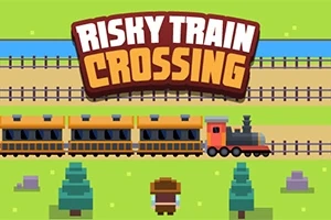 Pixeleret togbane med et tog og en figur, der står mellem træer, samt teksten Risky Train Crossing ovenfor