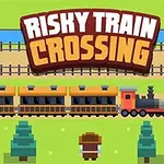 Pixeleret togbane med et tog og en figur, der står mellem træer, samt teksten Risky Train Crossing ovenfor