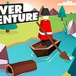 En animeret figur i rødt tøj ror en træbåd ned ad en flod omgivet af træer, bjerge og siv, med teksten River Adventure i øverste venstre hjørne
