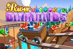 Tegning af en minevogn fyldt med farverige diamanter på et bjergspor med teksten River Diamonds øverst