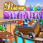 Tegning af en minevogn fyldt med farverige diamanter på et bjergspor med teksten River Diamonds øverst