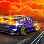 En blå sportsvogn med gule fælge kører hurtigt på en motorvej, mens den skyder våben, mod en baggrund af en orange aftenhimmel