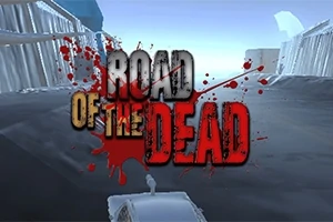 Blodig tekst med titlen Road of the Dead over en vejscene med en bil i forgrunden