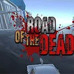 Blodig tekst med titlen Road of the Dead over en vejscene med en bil i forgrunden