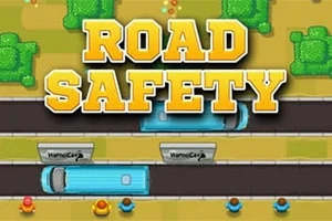 Tekst ROAD SAFETY i store bogstaver over en vej med blå biler og mennesker ved siden af