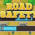 Tekst ROAD SAFETY i store bogstaver over en vej med blå biler og mennesker ved siden af