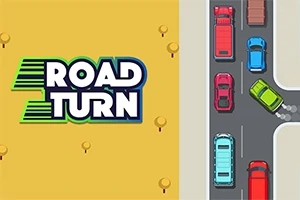 Grafik med teksten Road Turn på venstre side og illustration af biler, der kører rundt om et hjørne på højre side