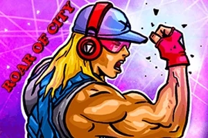 En muskuløs person med langt blondt hår, solbriller, kasket og headset, der løfter en arm iført en pink handske mod en lysende baggrund