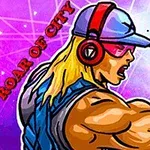 En muskuløs person med langt blondt hår, solbriller, kasket og headset, der løfter en arm iført en pink handske mod en lysende baggrund