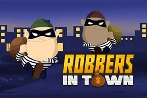 To tegneserieagtige røvere med stribede trøjer og masker bærer sække foran en bysilhuet om natten, med teksten Robbers in Town