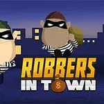 To tegneserieagtige røvere med stribede trøjer og masker bærer sække foran en bysilhuet om natten, med teksten Robbers in Town