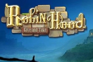 Tekstlogo med ordene Robin Hood: Give and Take på en baggrund af en tåget blå himmel og silhuetter af bjerge