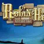 Tekstlogo med ordene Robin Hood: Give and Take på en baggrund af en tåget blå himmel og silhuetter af bjerge