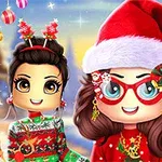 To animerede figurer iført julepyntede outfits, med juletræer, slikstokke og en snemand i baggrunden