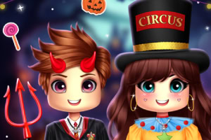 To animerede figurer klædt i halloween-kostumer, den ene med djævlehorn og trefork, den anden med circus hat og klovneoutfit, omgivet af halloween-symboler