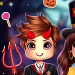 To animerede figurer klædt i halloween-kostumer, den ene med djævlehorn og trefork, den anden med circus hat og klovneoutfit, omgivet af halloween-symboler