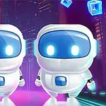 To hvide robotter med blå skærme står foran en neon-oplyst baggrund med svævende blå terninger
