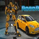 En gul bil og en stor gul robot står ved siden af hinanden i et mekanisk værksted med teksten RoboRacing ovenfor