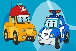 To antegule biler med ansigter, en gul med brandsikkerhedshjelm og en blå med politibilens mærker, på en blå baggrund