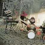 Robotorkester optræder på en brostensbelagt gade med trommer, keyboard og guitar
