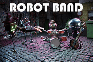 Robotband spiller musik på en brostensbelagt gade med instrumenter som trommer, keyboard og guitar under skiltet Robot Band