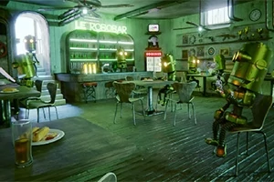 Industrielt indrettet bar med robotter, der sidder ved borde og en bar med neonskilt