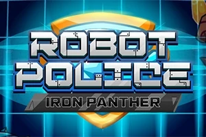 Robot Police Iron Panther title på blå baggrund med et gyldent skjold bag teksten