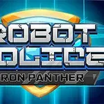 Robot Police Iron Panther title på blå baggrund med et gyldent skjold bag teksten