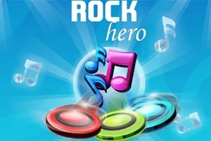 Farverige noder og skiver mod en blå baggrund med teksten Rock Hero øverst