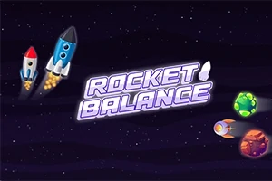 Raketter i rummet med teksten Rocket Balance omgivet af planeter og stjerner