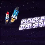 Raketter i rummet med teksten Rocket Balance omgivet af planeter og stjerner