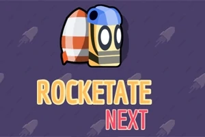 Tegning af et raketlignende objekt med store øjne og blåt cover på lilla baggrund med teksten Rocketate Next