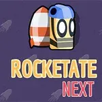 Tegning af et raketlignende objekt med store øjne og blåt cover på lilla baggrund med teksten Rocketate Next