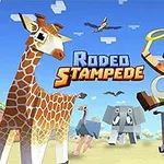 En pixeleret cowboy rider på en bøffel omgivet af forskellige dyr som en giraf, elefant og zebra under en blå himmel