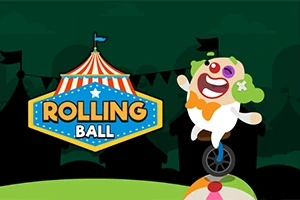 En klovn med grønne hår bukser på en enhjulet cykel, balancerer på en farverig bold foran et cirkustelt med teksten Rolling Ball