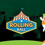 En klovn med grønne hår bukser på en enhjulet cykel, balancerer på en farverig bold foran et cirkustelt med teksten Rolling Ball