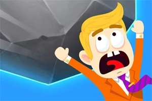 Tegneseriefigur med blondt hår og orange jakkesæt ser forskrækket op på en stor mørk genstand mod en blå baggrund