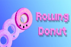 Lyserød donut med et ansigt ruller på en blå baggrund ved siden af teksten Rolling Donut